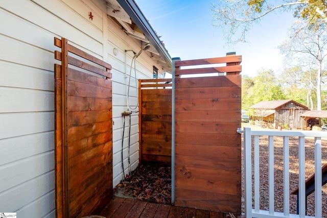 exterior space featuring wooden walls