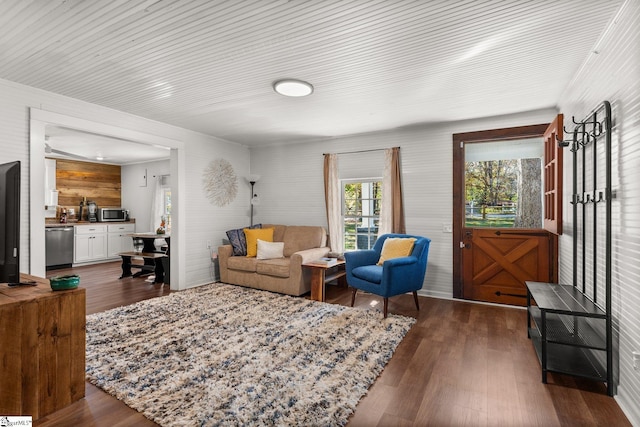 living room featuring dark wood-type flooring