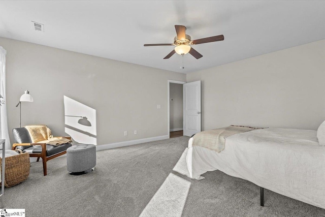 bedroom featuring ceiling fan and carpet floors