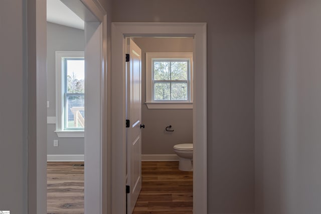 bathroom with toilet, vaulted ceiling, and hardwood / wood-style flooring