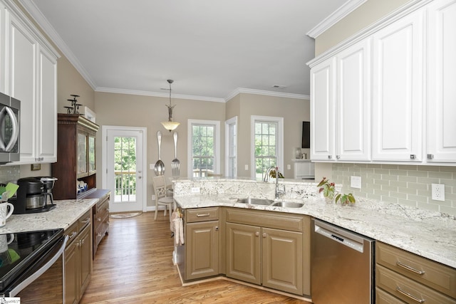 kitchen with ornamental molding, white cabinets, sink, light hardwood / wood-style floors, and stainless steel appliances