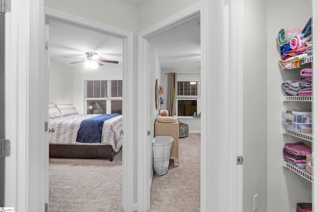 bedroom featuring ceiling fan and light carpet