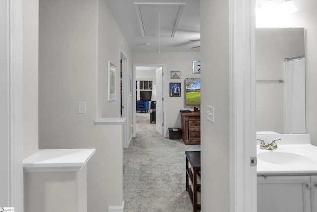 bathroom featuring curtained shower and vanity