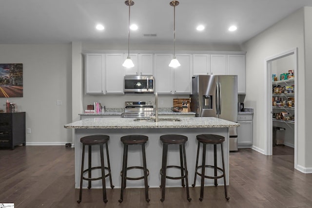 kitchen featuring dark hardwood / wood-style flooring, hanging light fixtures, an island with sink, and stainless steel appliances