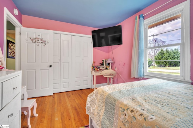 bedroom featuring multiple windows, a closet, and light hardwood / wood-style floors