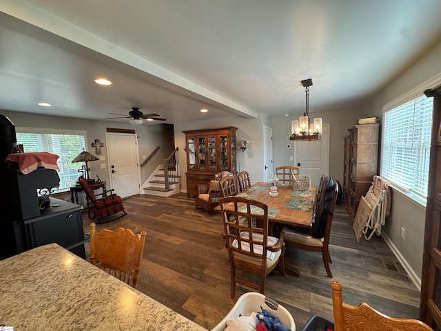 dining room featuring ceiling fan with notable chandelier, dark hardwood / wood-style floors, and a healthy amount of sunlight