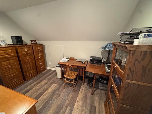 office space featuring dark wood-type flooring and lofted ceiling