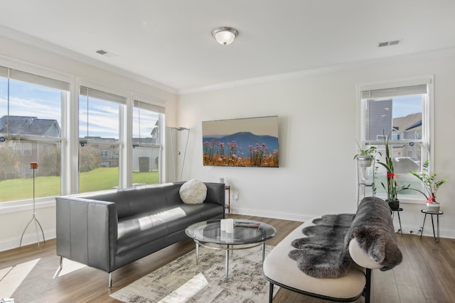 living room with crown molding and hardwood / wood-style floors