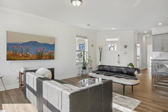 living room with hardwood / wood-style floors and crown molding