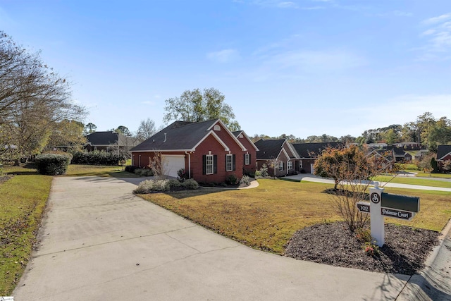 ranch-style house featuring a garage and a front lawn