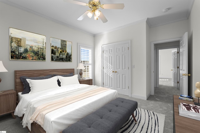 carpeted bedroom featuring a closet, ceiling fan, and crown molding