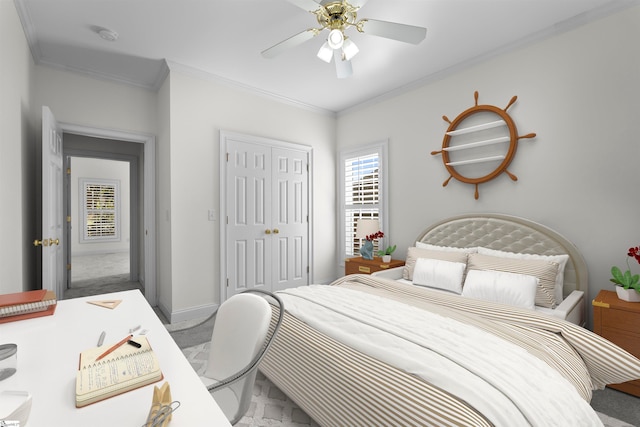 bedroom featuring carpet, ceiling fan, ornamental molding, and a closet