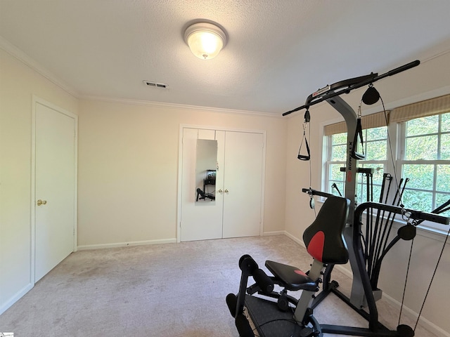 workout room featuring light colored carpet, ornamental molding, and a textured ceiling