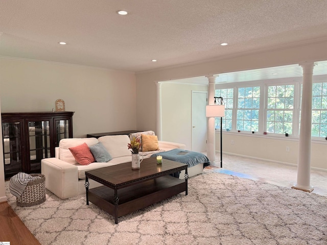 living room with crown molding, light hardwood / wood-style floors, and a textured ceiling