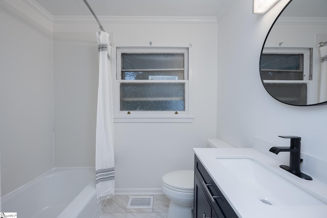 full bathroom featuring shower / tub combo with curtain, ornamental molding, toilet, and vanity