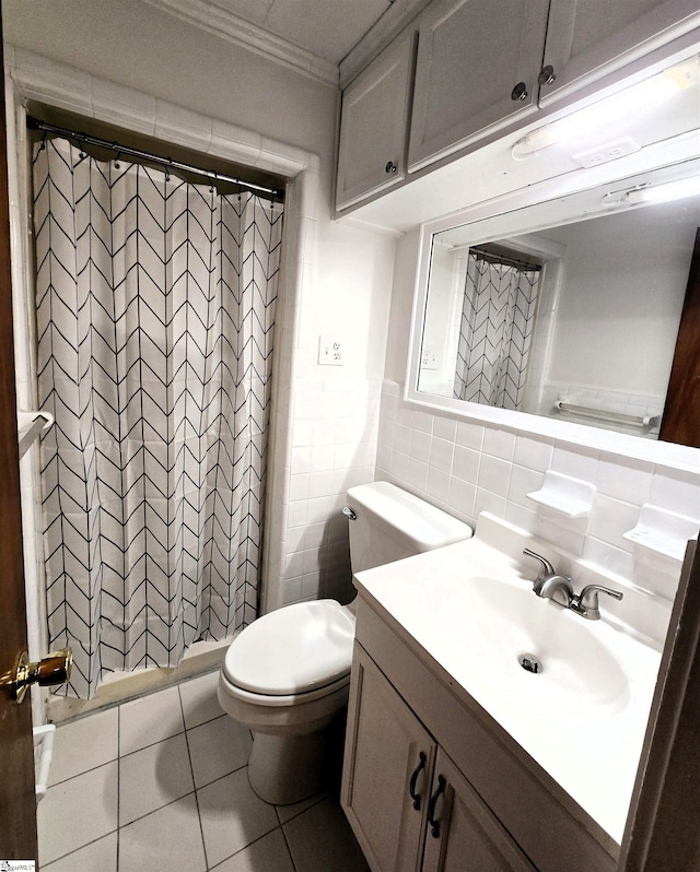 bathroom featuring crown molding, tile walls, vanity, curtained shower, and toilet