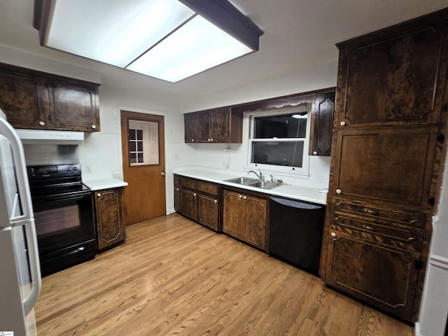 kitchen featuring dark brown cabinets, sink, light hardwood / wood-style floors, and black appliances