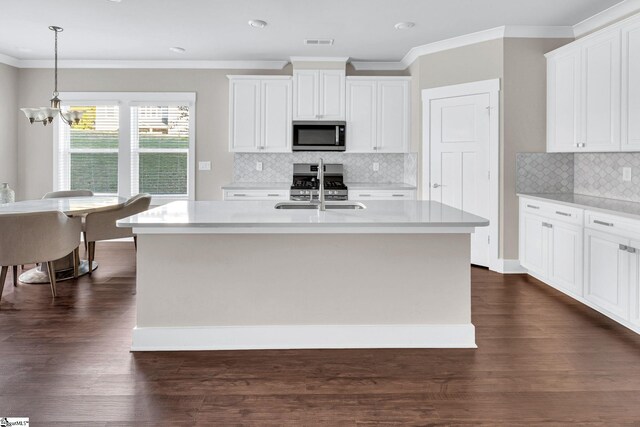 kitchen featuring a kitchen island with sink, dark wood-type flooring, sink, white cabinetry, and stainless steel appliances