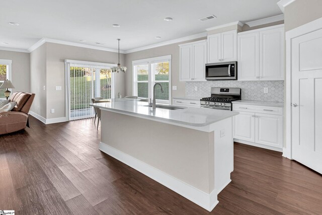 kitchen with a center island with sink, dark hardwood / wood-style flooring, sink, and appliances with stainless steel finishes