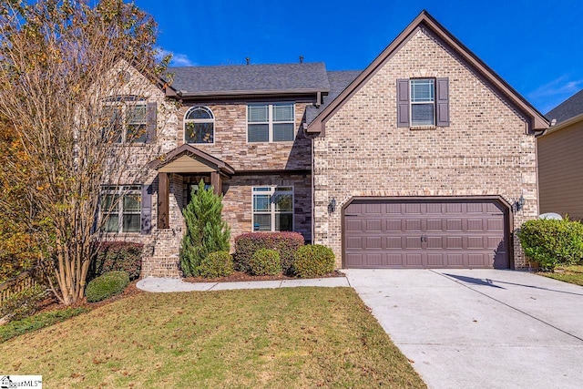 view of front of property with a front yard and a garage