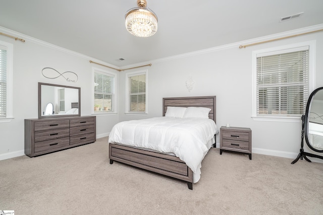 bedroom with light colored carpet and ornamental molding