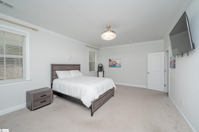 bedroom with light colored carpet and ornamental molding