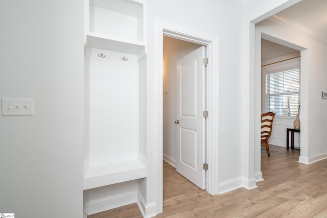 mudroom featuring ornamental molding and light hardwood / wood-style flooring