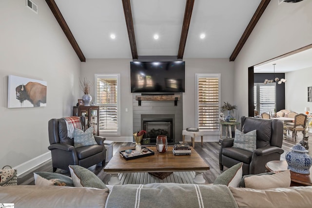 living room with a fireplace, hardwood / wood-style floors, and a healthy amount of sunlight