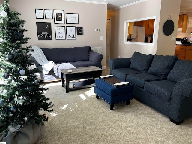 living room with light colored carpet and crown molding