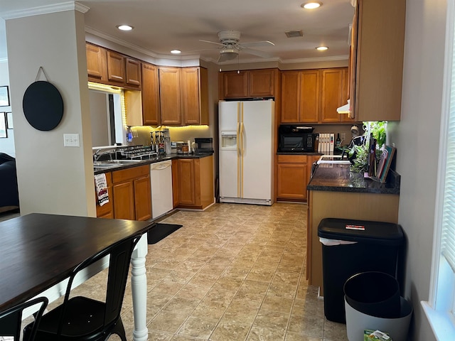 kitchen featuring ceiling fan, crown molding, white appliances, and sink