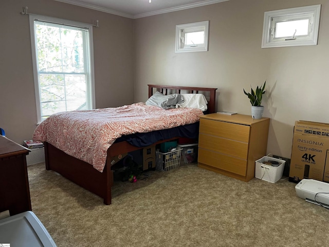 carpeted bedroom with multiple windows and ornamental molding