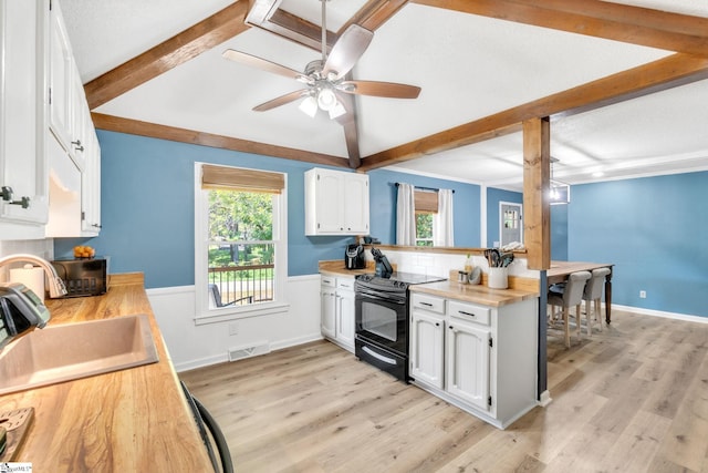 kitchen featuring white cabinetry, electric range, beamed ceiling, and light hardwood / wood-style floors