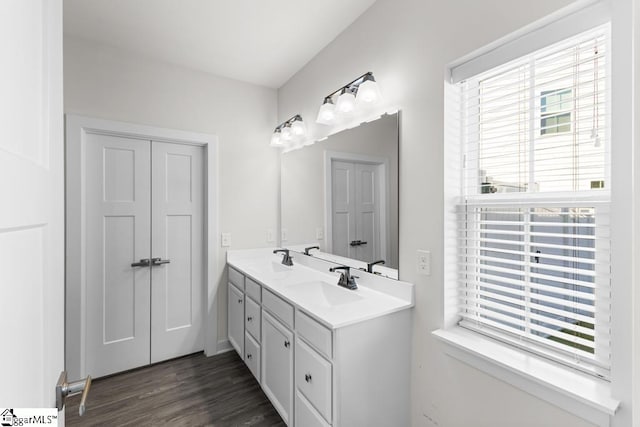 bathroom with vanity and hardwood / wood-style flooring