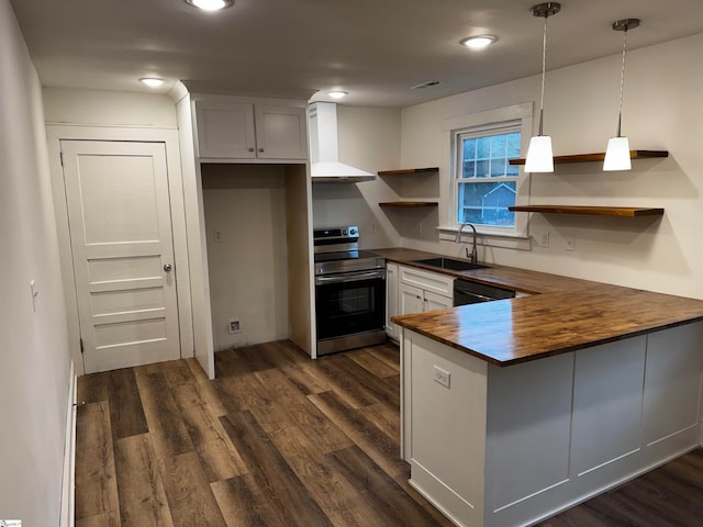 kitchen featuring stainless steel range with electric stovetop, wall chimney range hood, sink, decorative light fixtures, and white cabinets