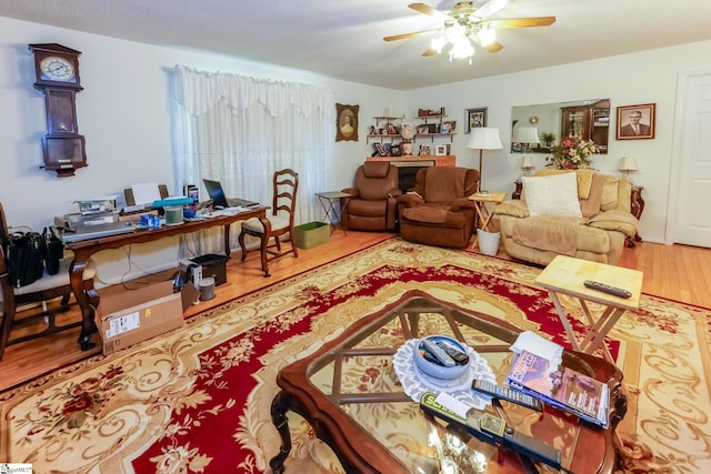 living room with hardwood / wood-style floors and ceiling fan