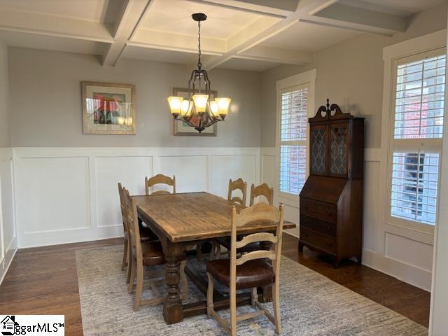 dining space featuring beam ceiling, an inviting chandelier, dark wood-type flooring, and coffered ceiling