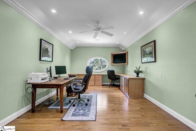 home office with ceiling fan, light hardwood / wood-style floors, ornamental molding, and vaulted ceiling