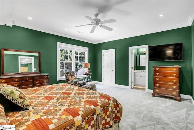 bedroom with light carpet, ensuite bath, ceiling fan, and ornamental molding