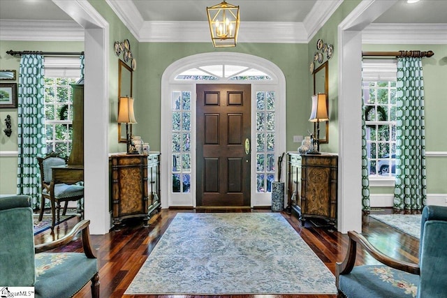 foyer entrance with a healthy amount of sunlight, dark hardwood / wood-style floors, and a notable chandelier