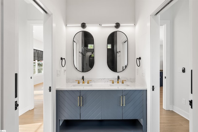 bathroom with vanity and wood-type flooring