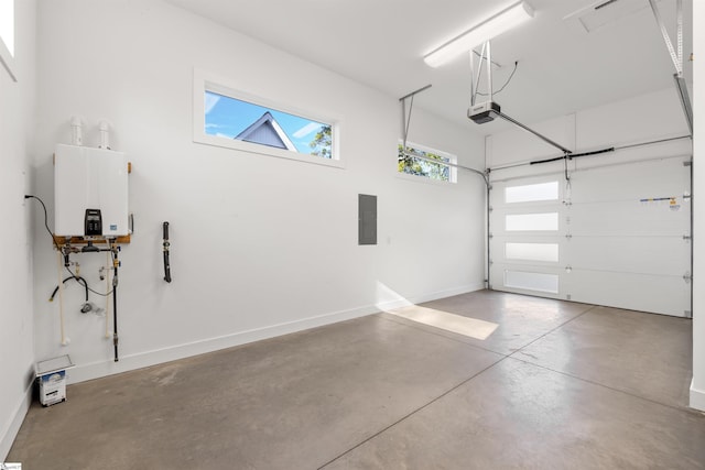 garage with electric panel and tankless water heater