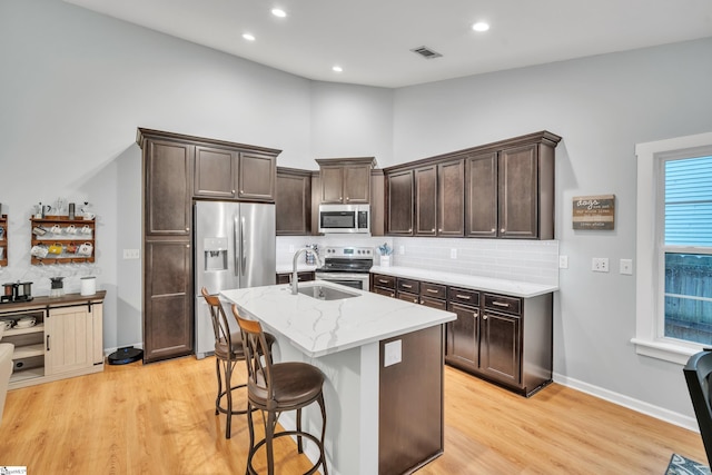 kitchen featuring sink, stainless steel appliances, an island with sink, decorative backsplash, and light wood-type flooring