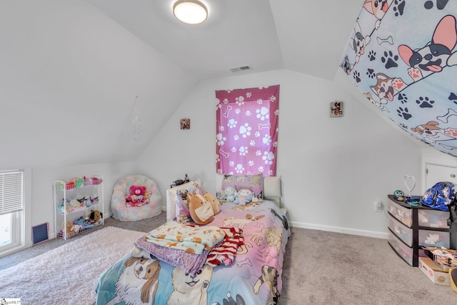 carpeted bedroom featuring lofted ceiling