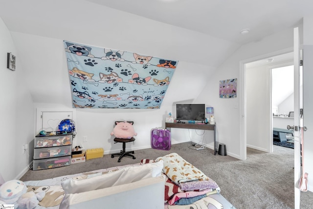 carpeted living room with lofted ceiling