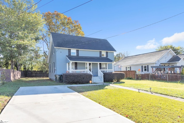 view of front of house featuring a porch and a front lawn