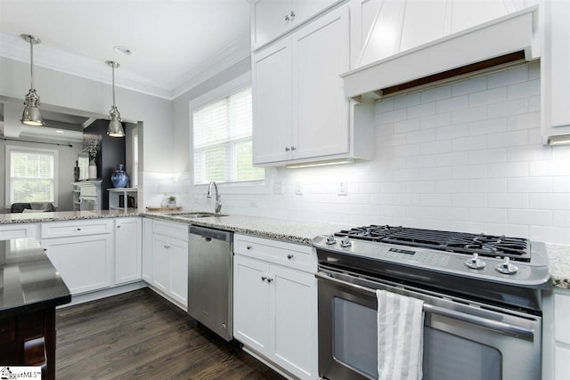 kitchen featuring white cabinets, dark hardwood / wood-style floors, a healthy amount of sunlight, and appliances with stainless steel finishes