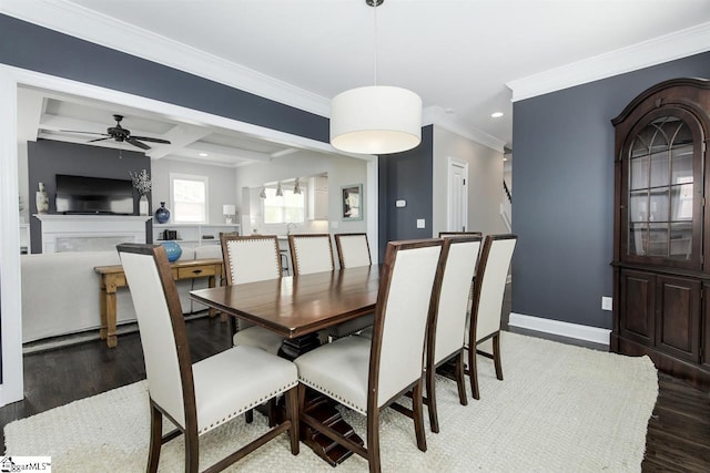 dining room featuring ceiling fan, beamed ceiling, dark wood-type flooring, and coffered ceiling