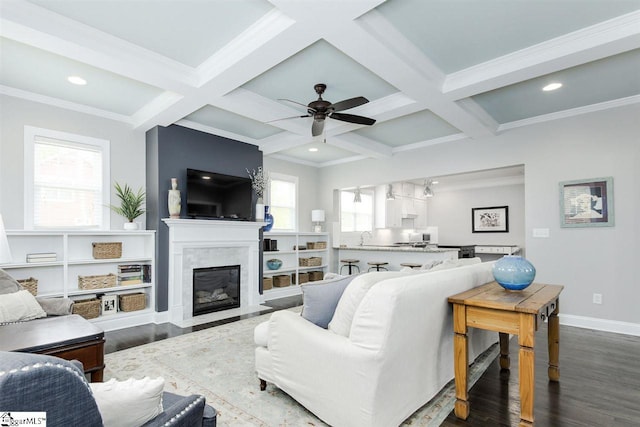 living room featuring hardwood / wood-style flooring, a wealth of natural light, and ceiling fan