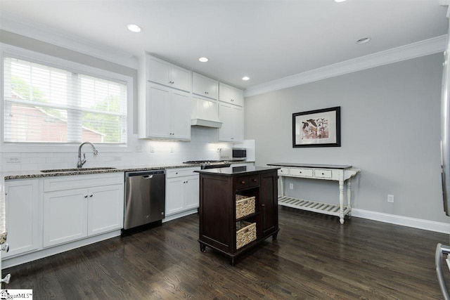 kitchen featuring stainless steel dishwasher, dark hardwood / wood-style floors, white cabinets, and sink