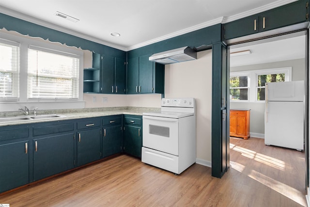 kitchen featuring white appliances, ventilation hood, sink, light hardwood / wood-style flooring, and ornamental molding